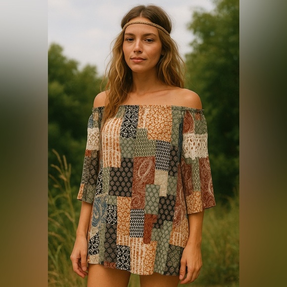Audrey 3+1 Boho Patchwork Off-Shoulder Tunic Dress – Size Medium - Picture 3 of 6